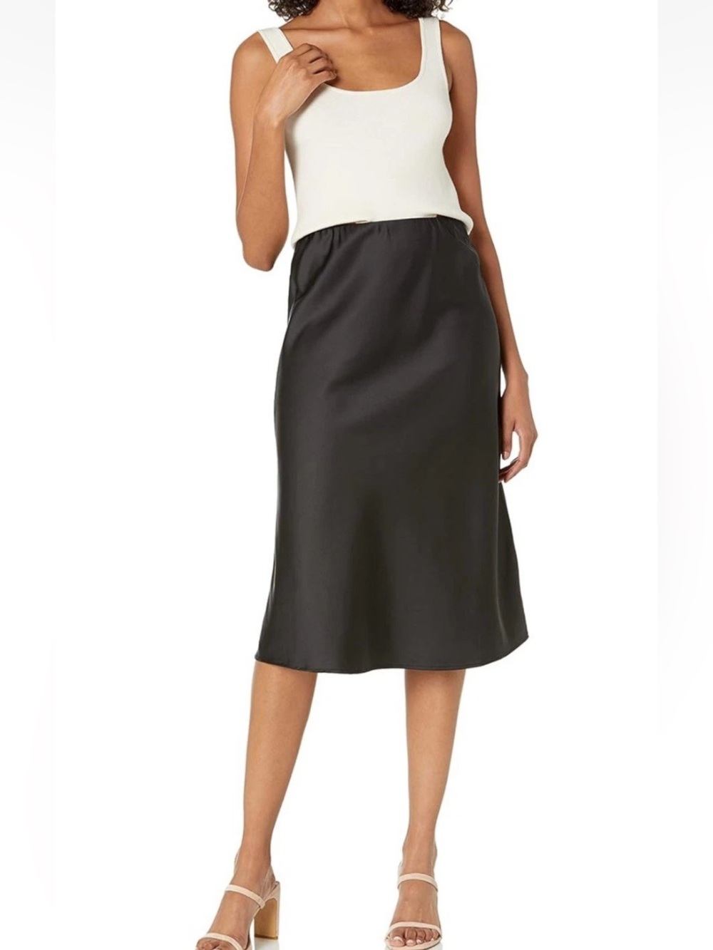 Satin Black A-Line Midi Skirt - Women's Sleek Slip Skirt
